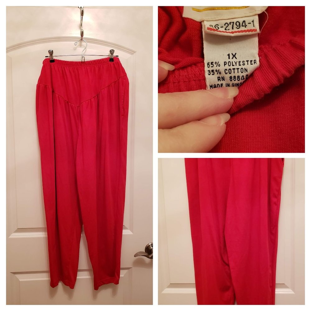 Red yoke front tapered leg knit pants. Plus size.